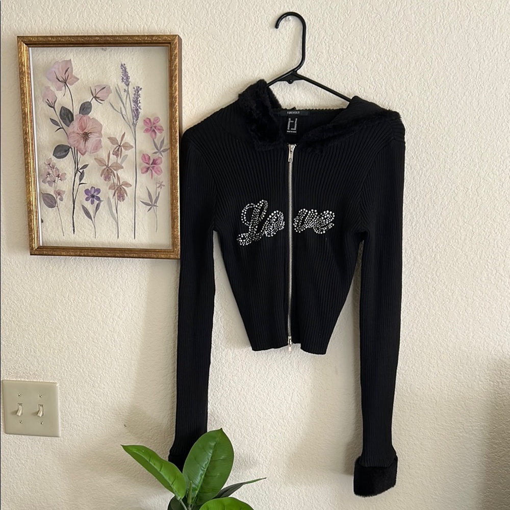 Black rhinestone fur hoodie
